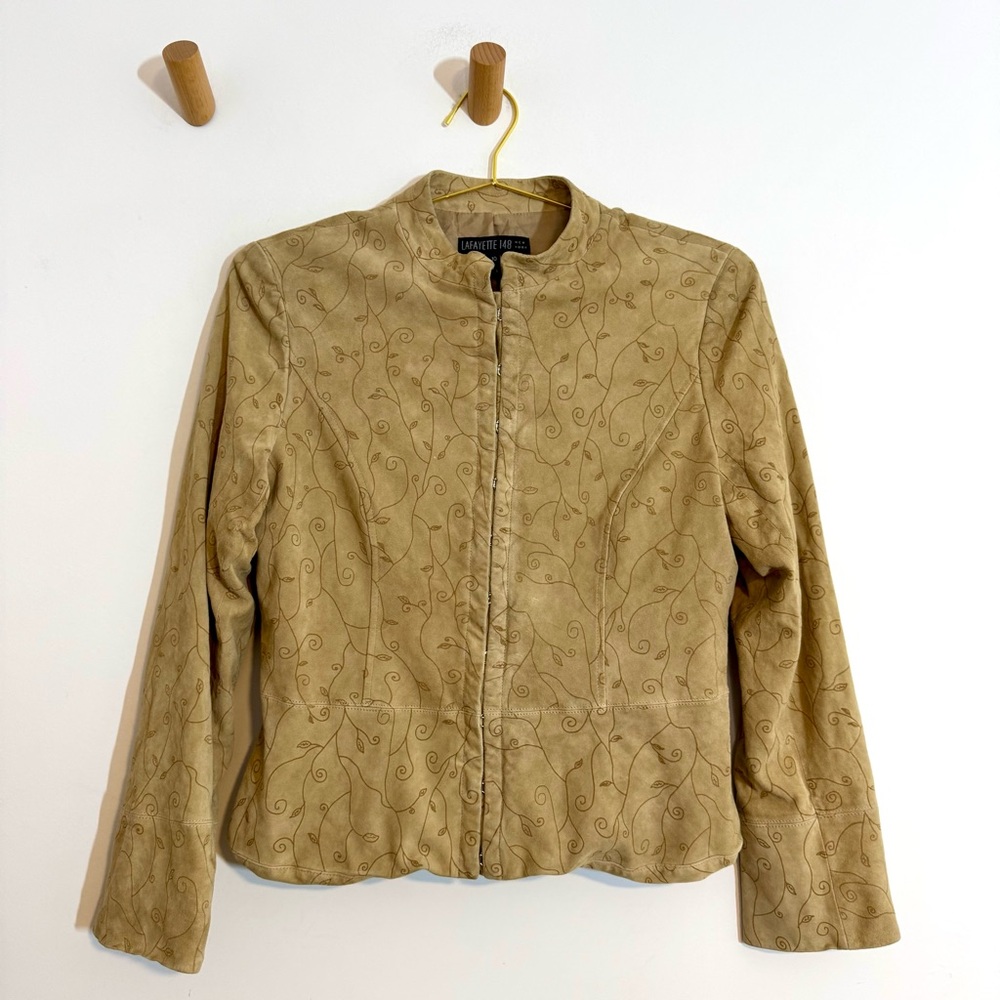 Lafayette 148 New York 100% Suede Leather Tan Vine Embossed Hook & Eye Jacket 10
